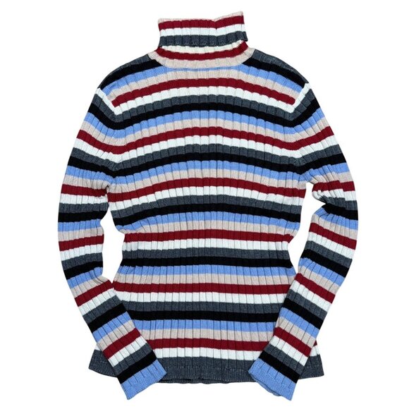 Vintage 90s Niki Taylor By Liz Claiborne Ribbed Striped Turtleneck Sweater XL Mu - Picture 2 of 7